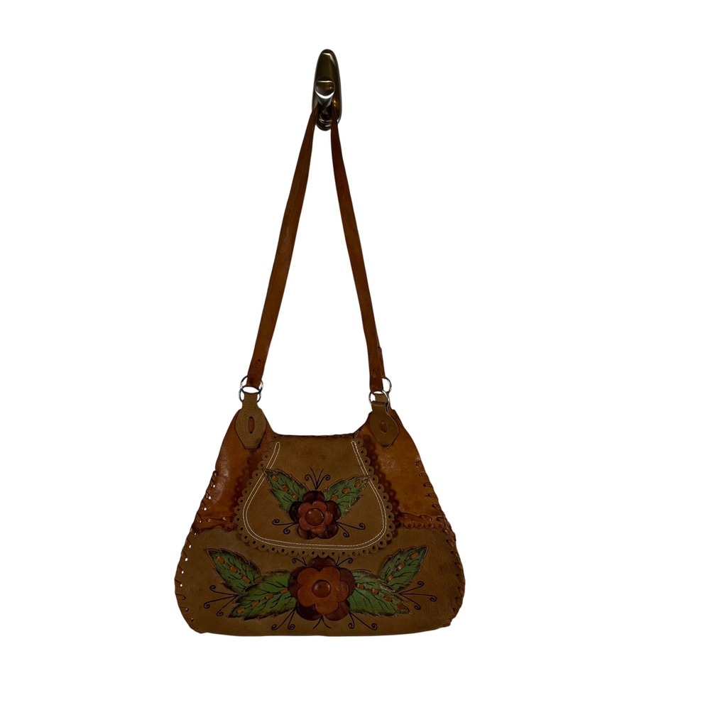 Vintage Hand Tooled Leather Floral Shoulder Bag Boho Western Handcrafted Brown
